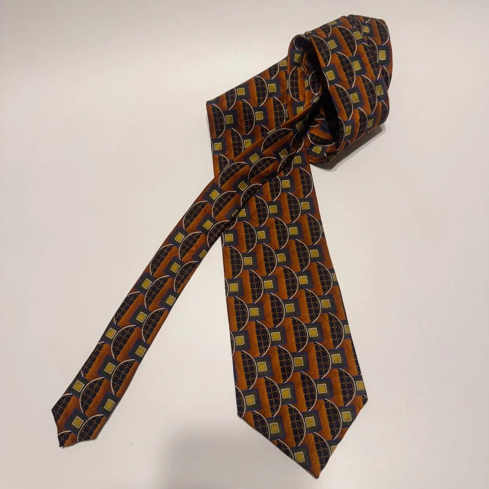 Zinc Men Geometric 100% Silk NeckTie Brown,‎ Blue, Gold Pattern, Business